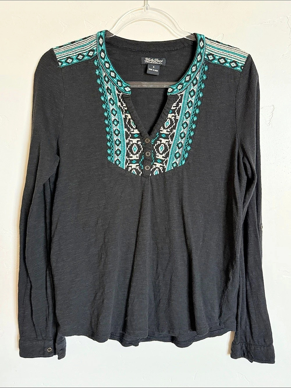 Lucky Brand Embroidered Long Sleeve Blouse in Black & Blue Size Small